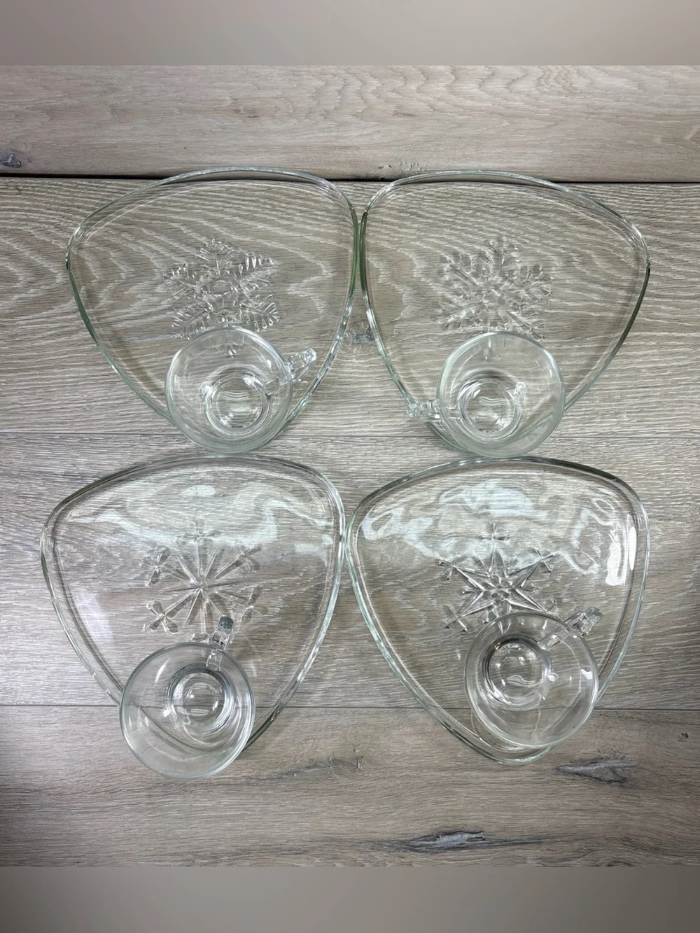 Vintage Indiana Glass 4 Diff. Snowflake Triangle Snack Plates W/Cups set 8.75”